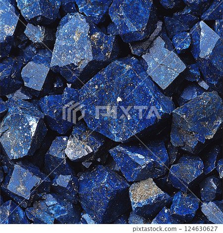 A striking collection of lapis lazuli stones showcases their beautiful deep blue color and textures. 124630627