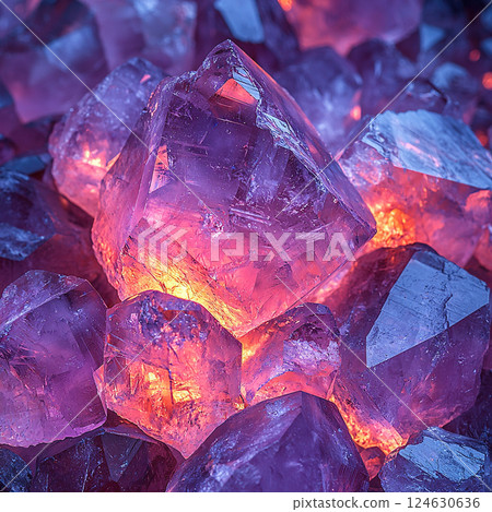 A captivating cluster of glowing purple crystals radiates a magical, luminous energy against the dark. 124630636