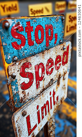A vibrant stop, speed limit sign with a weathered texture provides a compelling visual statement. 124630641