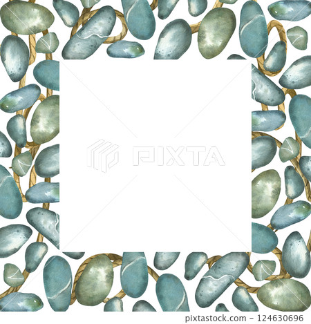 Square watercolor frame of sea stones and pebbles of gray and blue colors, twine. All objects are hand-painted with watercolors. Suitable for decorating invitations, postcards, scrapbooking. Square watercolor frame of sea stones and pebbles of gray and blue colors, twine. All objects are hand-painted with watercolors. Suitable for decorating invitations, postcards, scrapbooking. 124630696