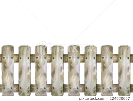Seamless watercolor border in the form of a wooden fence. Wooden picket fence with nails hand painted in watercolor. Suitable for scrapbooking, design of cards, packaging and signs. Seamless watercolor border in the form of a wooden fence. Wooden picket fence with nails hand painted in watercolor. Suitable for scrapbooking, design of cards, packaging and signs. 124630697
