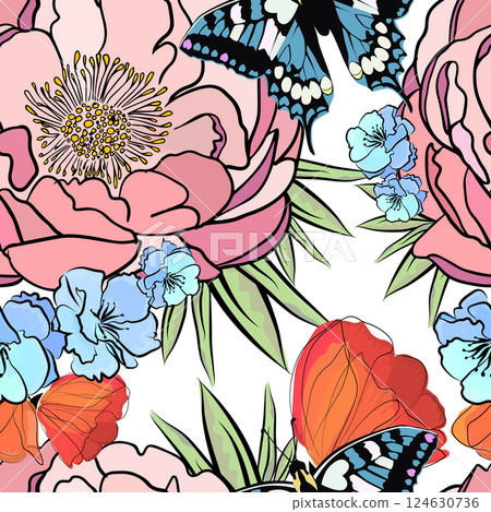 Seamless pattern graphic flowers and butterflies . hand drawing. Not AI, Vector illustration 124630736