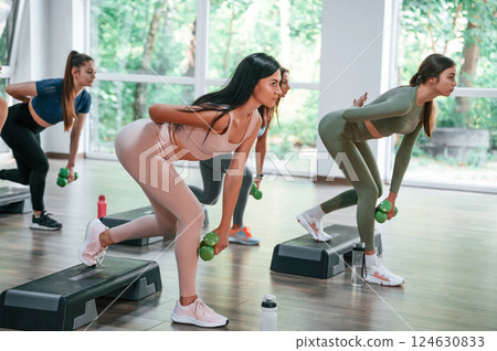 Slim body types. Doing exercises. Group of women practicing fitness in the gym 124630833