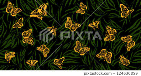 seamless background leaves with butterflies. hand drawing. Not AI, Vector illustration 124630859