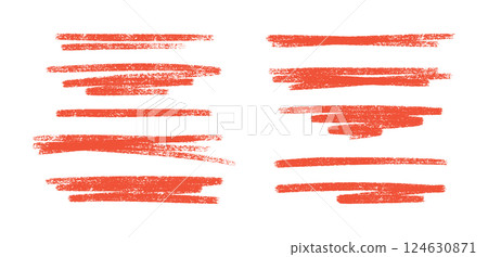 Crayon red brush stroke lines and underlines set - hand painted grunge borders, rough edges paint streaks. Ink sketch highlighting elements, text dividers and accents for banners design. 124630871