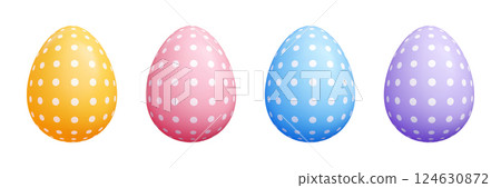 Polka dot 3D Easter eggs collection - pastel yellow, pink, blue, purple realistic egg shapes with white dots ornament. Colorful glossy spring holiday decoration elements for greeting card design. 124630872