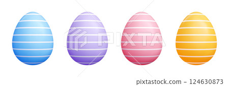 Striped 3D Easter eggs collection - pastel blue, purple, pink, yellow realistic eggs with white horizontal stripes. Colorful glossy spring holiday decoration elements for greeting card, banner design. Striped 3D Easter eggs collection - pastel blue, purple, pink, yellow realistic eggs with white horizontal stripes. Colorful glossy spring holiday decoration elements for greeting card, banner design. 124630873