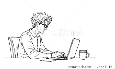 Man works laptop office. Coffee mobile phone table. Business education online freelance. Simple line side view white vector illustration Man works laptop office. Coffee mobile phone table. Business education online freelance. Simple line side view white vector illustration 124631016