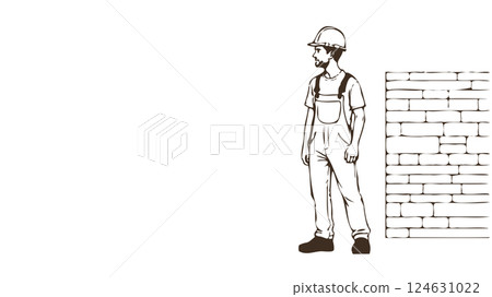Construction worker stands near brick wall. He wears overalls hard hat. Building industry architecture construction sites. Sketch outline front vector illustration 124631022