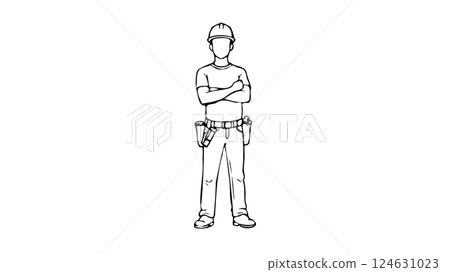 Construction worker stands arms crossed. Hard hat tool belt uniform. Safety building site industrial design. Full shot blank vector illustration Construction worker stands arms crossed. Hard hat tool belt uniform. Safety building site industrial design. Full shot blank vector illustration 124631023