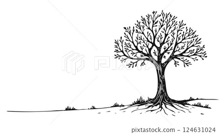 Alone tree silhouette design. Roots branches reach sky. Nature icon logo symbol. Minimalist sketch white background vector illustration Alone tree silhouette design. Roots branches reach sky. Nature icon logo symbol. Minimalist sketch white background vector illustration 124631024