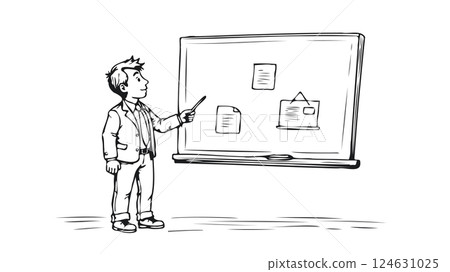 Man presents business plan. Whiteboard documents data analysis. Presentation training coaching. Simple line art white background vector illustration Man presents business plan. Whiteboard documents data analysis. Presentation training coaching. Simple line art white background vector illustration 124631025