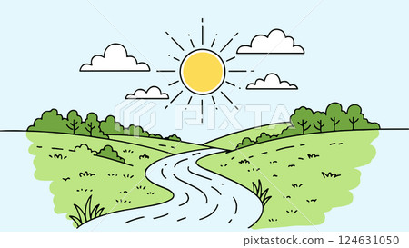 Cartoon landscape illustration. Sun clouds river green hills. Nature travel vacation background. Flat lay pastel background vector illustration Cartoon landscape illustration. Sun clouds river green hills. Nature travel vacation background. Flat lay pastel background vector illustration 124631050