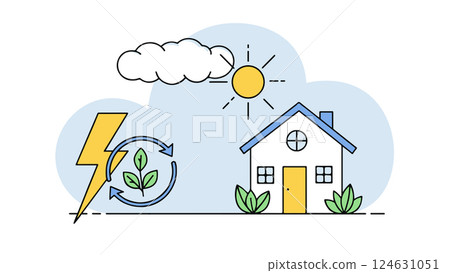 Eco house clean energy. Sun cloud plants lightning. Green power renewable resources. Line art flat lay vector illustration Eco house clean energy. Sun cloud plants lightning. Green power renewable resources. Line art flat lay vector illustration 124631051