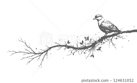 Bird sits branch spring. Tiny leaves simple shapes. print engraving t-shirt print white background vector illustration Bird sits branch spring. Tiny leaves simple shapes. print engraving t-shirt print white background vector illustration 124631052