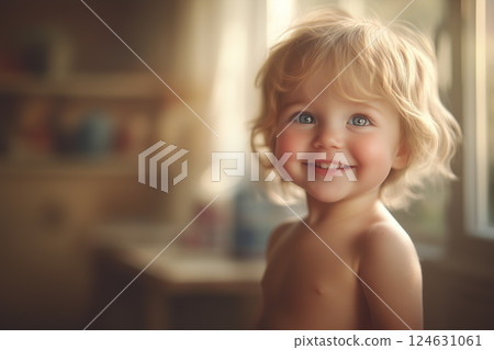 Adorable Baby with Blonde Hair and Bright Eyes Smiling in Soft Natural Light by a Window 124631061