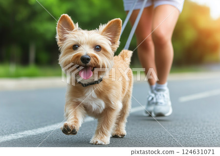 Happy Dog Enjoys a Sunny Walk with Its Owner on a Beautiful Day in the Park 124631071