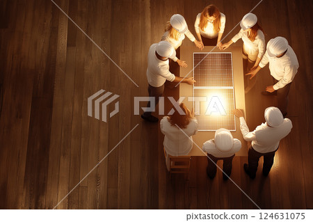 Group of Architects and Engineers Collaborating on Solar Panel Development and Design 124631075