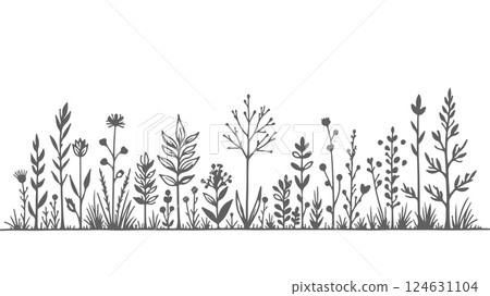Wildflowers grass silhouette background. Different herbs plants border print engraving t-shirt print Black line art white background vector illustration 124631104