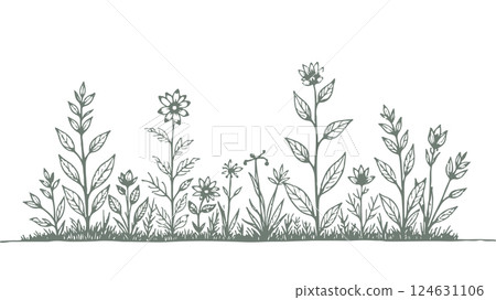 Flowers grow nature field. Leaves and grass springtime vibe. Greeting card print engraving t-shirt print monochrome white background vector illustration 124631106
