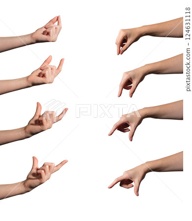 Hand set. Female hand showing gesture to hold, pinch, clutch, take or handle small item, empty pose Hand set. Female hand showing gesture to hold, pinch, clutch, take or handle small item, empty pose 124631118