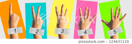Kids hand counting 1, 2, 3, 4, and 5 with fingers, showing progression for educational purposes. 124631120