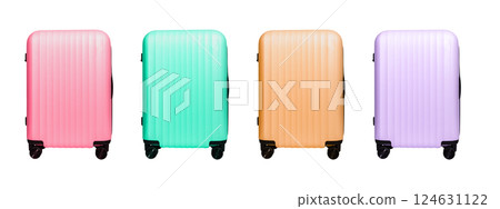 Luggage collection. Tourist travel essentials including suitcase, hand baggage, and compact bag with 124631122