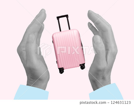Luggage protection concept. Traveler holding pink suitcase with wheel, compact hand baggage and 124631123