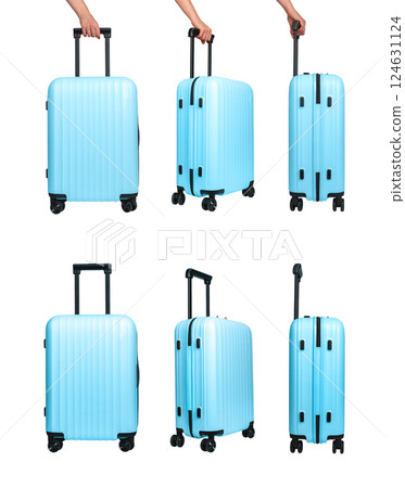Luggage set for a stylish journey. Large blue suitcase with telescopic handle and wheels, perfect 124631124