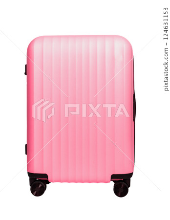 Spinner suitcase, wheeled luggage, pink baggage isolated on white. Spinner suitcase, wheeled luggage, pink baggage isolated on white. 124631153