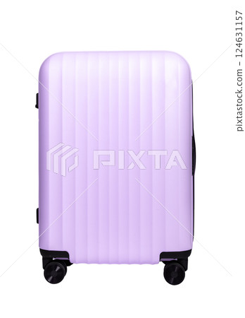 Violet spinner suitcase with wheels, perfect for a stylish vacation. Modern, portable hand luggage 124631157