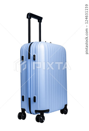 Wheeled suitcase, hand luggage, spinner ag with handle, airplane baggage isolated on white. 124631159