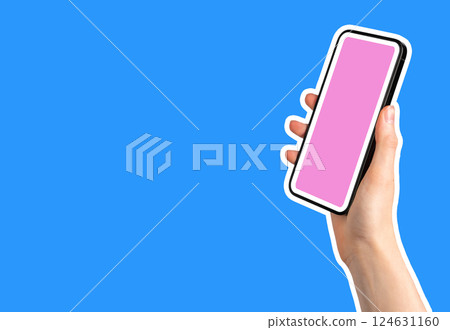 Young woman holding a smartphone, displaying a colorful app screen. Happy and stylish, showcasing a 124631160