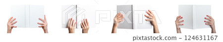 Book in hand. Female showing open hardcover hardback mockup cover and spine, concept of reading, 124631167
