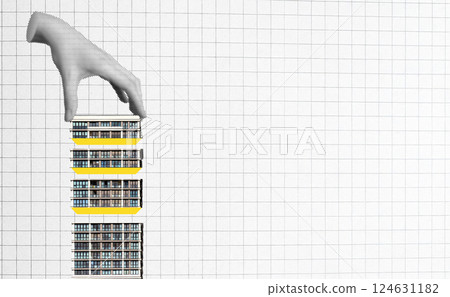 Construction and architecture project in progress. Hand assembling geometric building blocks, Construction and architecture project in progress. Hand assembling geometric building blocks, 124631182