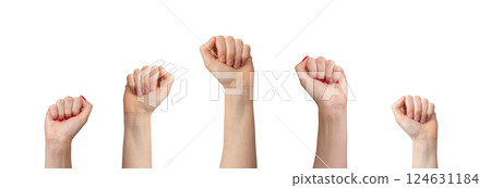 Fist up. Female group with clenched hand gesture showing strength, power, solidarity, feminism, 124631184