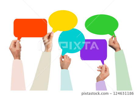 Group of diverse people in meeting, sharing opinions and feedback. Conversation with speech bubbles, Group of diverse people in meeting, sharing opinions and feedback. Conversation with speech bubbles, 124631186