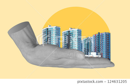 hand holding a small model of real estate and property development. Concept of business, ownership, hand holding a small model of real estate and property development. Concept of business, ownership, 124631205