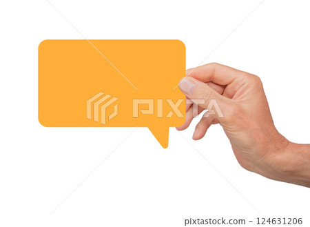 Hand holding an empty speech bubble, symbolizing communication and feedback. Concept of online 124631206