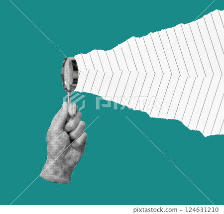 Hand holding magnifying glass, seeking breakthrough and insight. Light beam focusing on abstract Hand holding magnifying glass, seeking breakthrough and insight. Light beam focusing on abstract 124631210