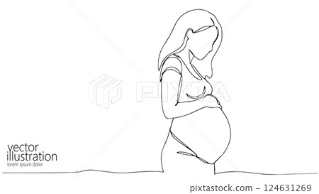 Pregnant woman holding belly. Motherhood pregnancy happiness. Maternity care parenting medical branding. One line art minimal drawing white background vector illustration 124631269