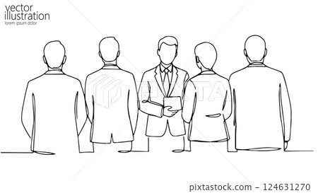 Business meeting concept illustration. Leader holds tablet colleagues surround him. Corporate teamwork training conference. Single line minimalist drawing vector illustration 124631270