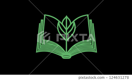 Open book features leaf. Light green neon illustration. Suitable for educational materials website or books. Minimalist line drawing green background 124631278