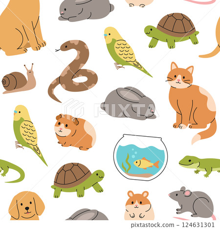 Seamless pattern with cute pets: cat, dog, rabbit, guinea pig, hamster, rat, parrot, fish, snake, turtle, lizard and snail. Cartoon domestic animals. Vector flat illustration on white background 124631301