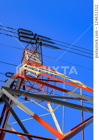 The electric pole, The electric post show with high voltage construction and voltage transmission line. 124631312