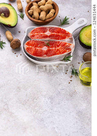 Healthy fat concept. Product with omega 3. Healthy fat concept. Product with omega 3. 124631444