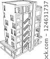 hand drawn sketch of Perspective cut away section of apartmen building with with six floors and staircase inside 124631737