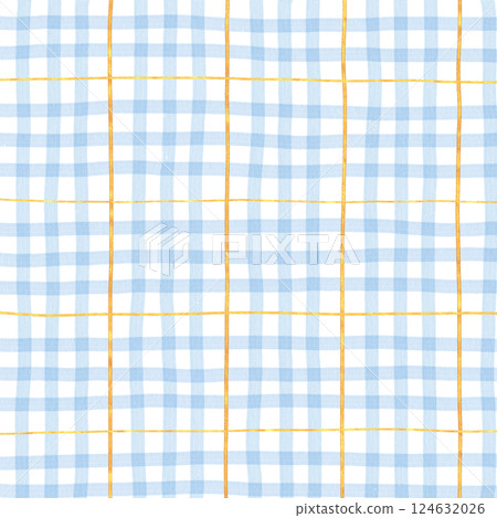 Gold Blue Plaid Gingham Check Hand Drawn Background Pattern Overlay 124632026