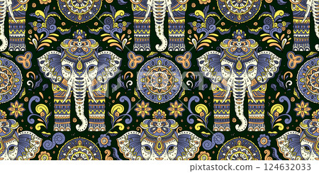 Decorative Elephant Mandala Ethnic Motif Seamless Vintage Pattern Vector Boho Style Folk Traditional Indian Background 124632033