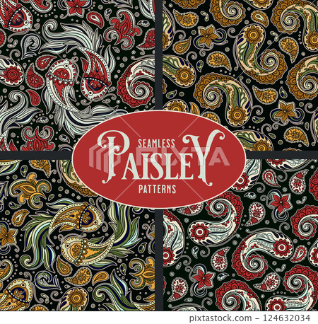 Paisley Vintage Pattern Set Seamless Indian Motif Boho Antique Folk Ethnic Background Paisley Vintage Pattern Set Seamless Indian Motif Boho Antique Folk Ethnic Background 124632034